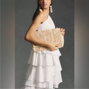 Anthropologie NWOT Beaded Pearl Raffia Blush Cream oversized clutch